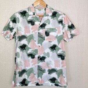 Topman Mens Small Abstract Brushstroke Print Cotton Camp Collar Shirt Green Pink